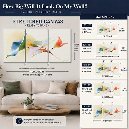 Airy green, orange and blue organic shapes floating across a white background 3 piece canvas wall art size guide above a sofa; room view is illustrative