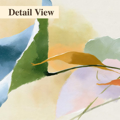 Airy green, orange and blue organic shapes floating across a white background 3 piece canvas wall art artwork detail close up