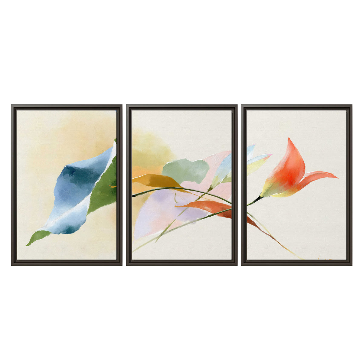 Airy green, orange and blue organic shapes floating across a white background 3 piece framed canvas wall art viewed straight on