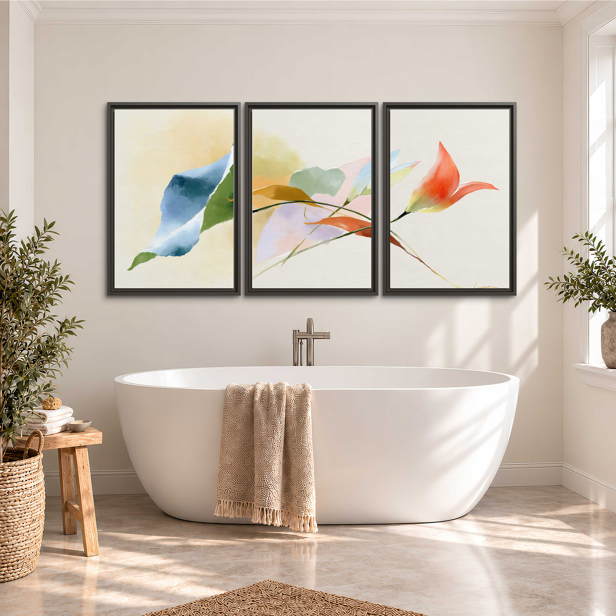 Airy green, orange and blue organic shapes floating across a white background 3 piece framed canvas wall art styled in an interior