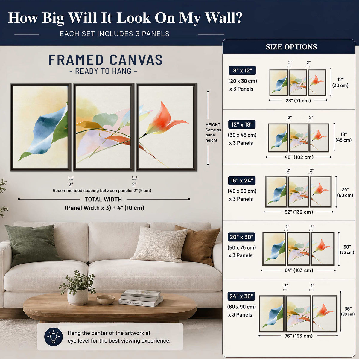 Airy green, orange and blue organic shapes floating across a white background 3 piece framed canvas wall art size guide above a sofa; room view is illustrative