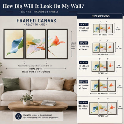 Airy green, orange and blue organic shapes floating across a white background 3 piece framed canvas wall art size guide above a sofa; room view is illustrative