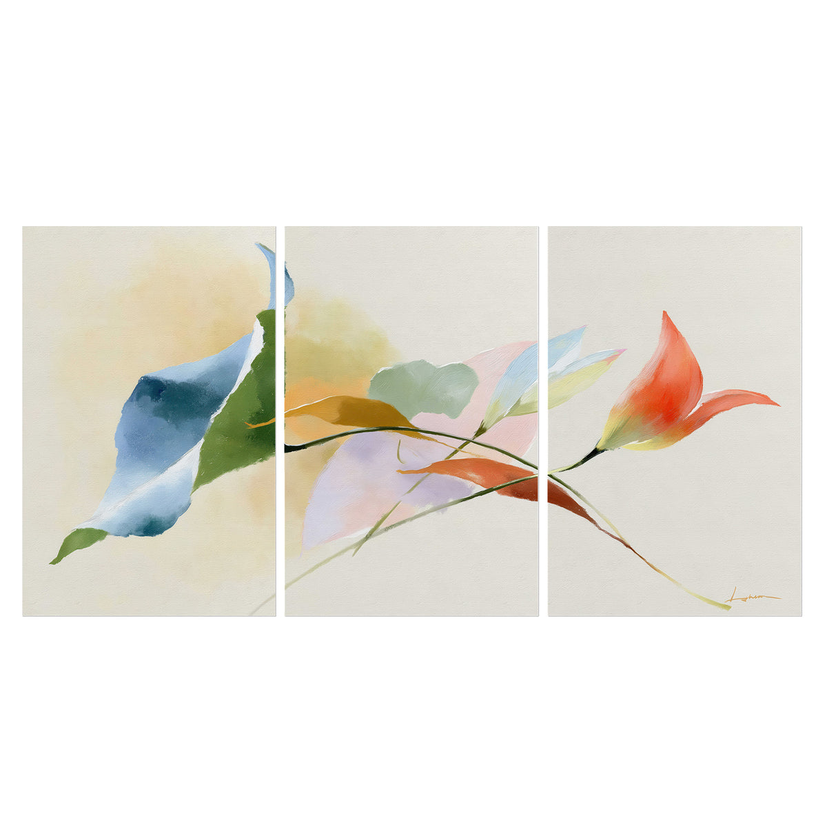 Airy green, orange and blue organic shapes floating across a white background set of 3 poster prints viewed straight on