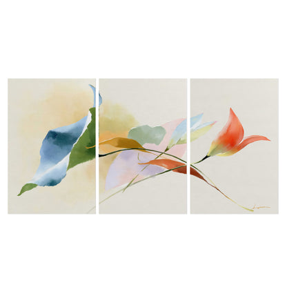 Airy green, orange and blue organic shapes floating across a white background set of 3 poster prints viewed straight on