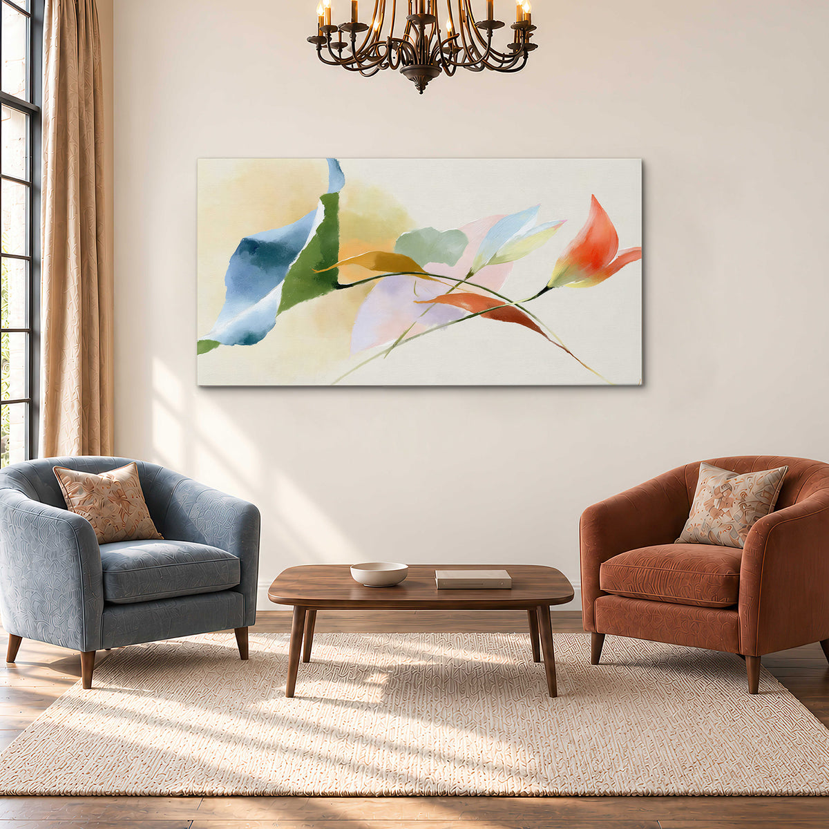 Airy green, orange and blue organic shapes floating across a white background single canvas wall art styled in an interior