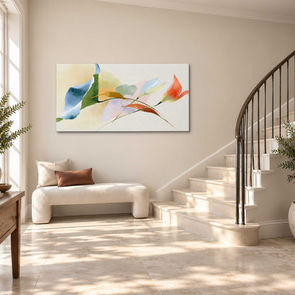 Airy green, orange and blue organic shapes floating across a white background single canvas wall art styled in an interior