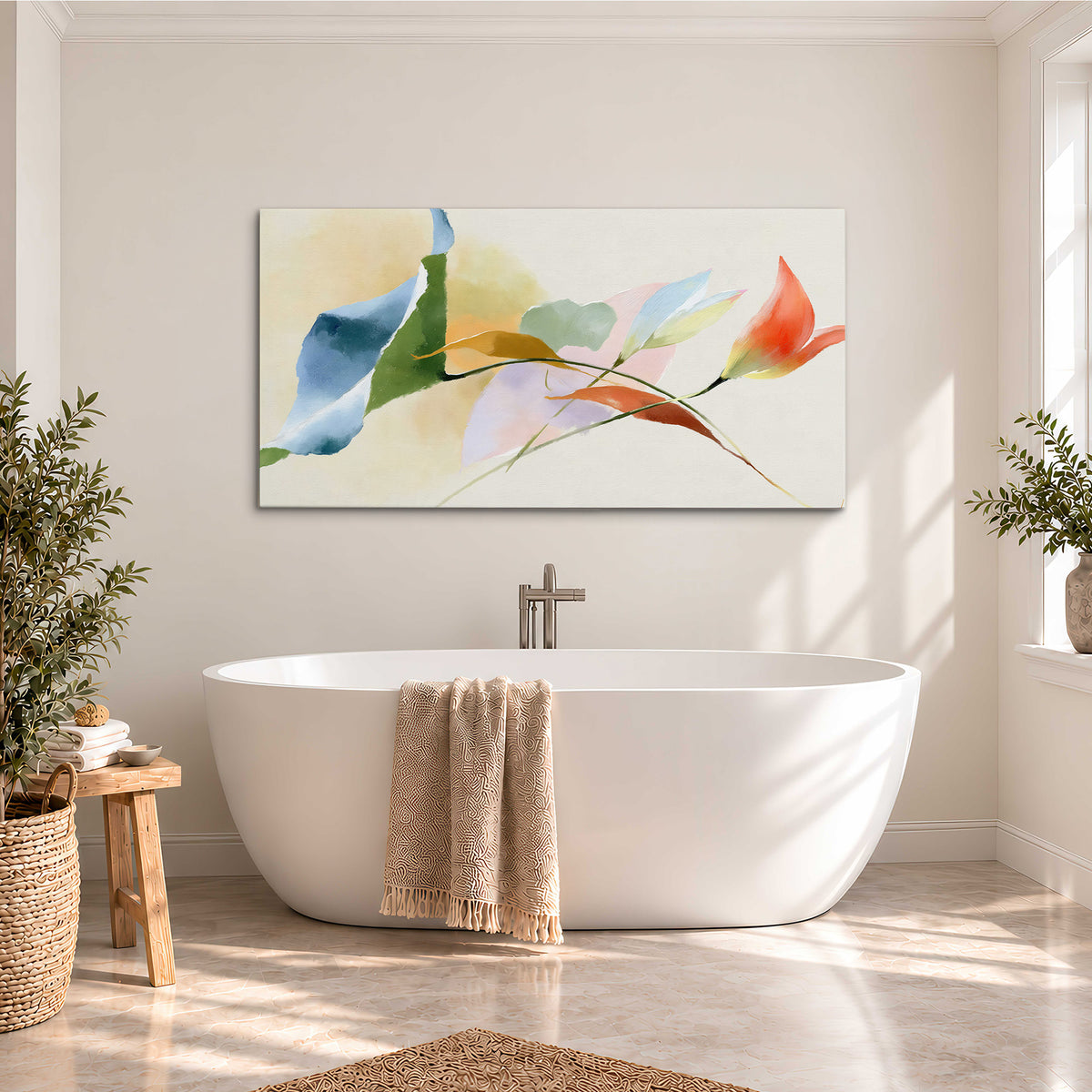 Airy green, orange and blue organic shapes floating across a white background single canvas wall art styled in an interior