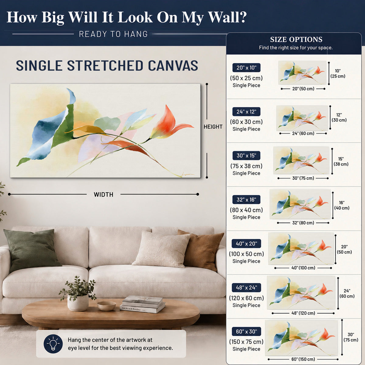 Airy green, orange and blue organic shapes floating across a white background single canvas wall art size guide above a sofa; room view is illustrative