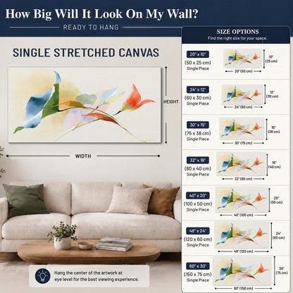 Airy green, orange and blue organic shapes floating across a white background single canvas wall art size guide above a sofa; room view is illustrative
