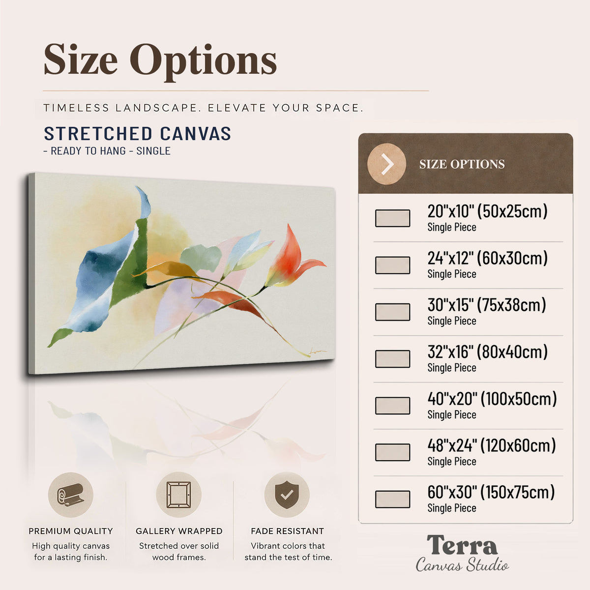 Airy green, orange and blue organic shapes floating across a white background single canvas wall art available dimensions