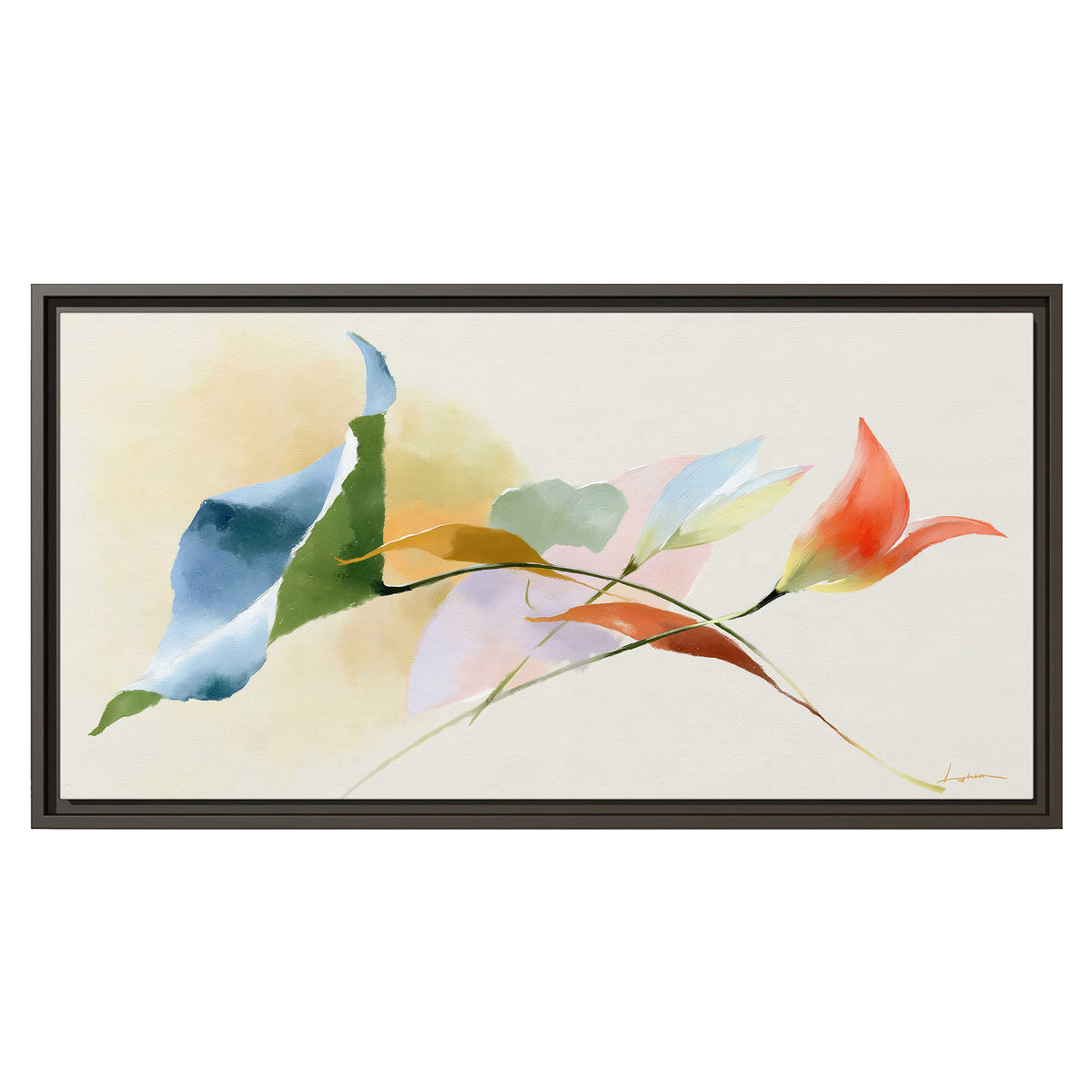 Airy green, orange and blue organic shapes floating across a white background single framed canvas wall art viewed straight on