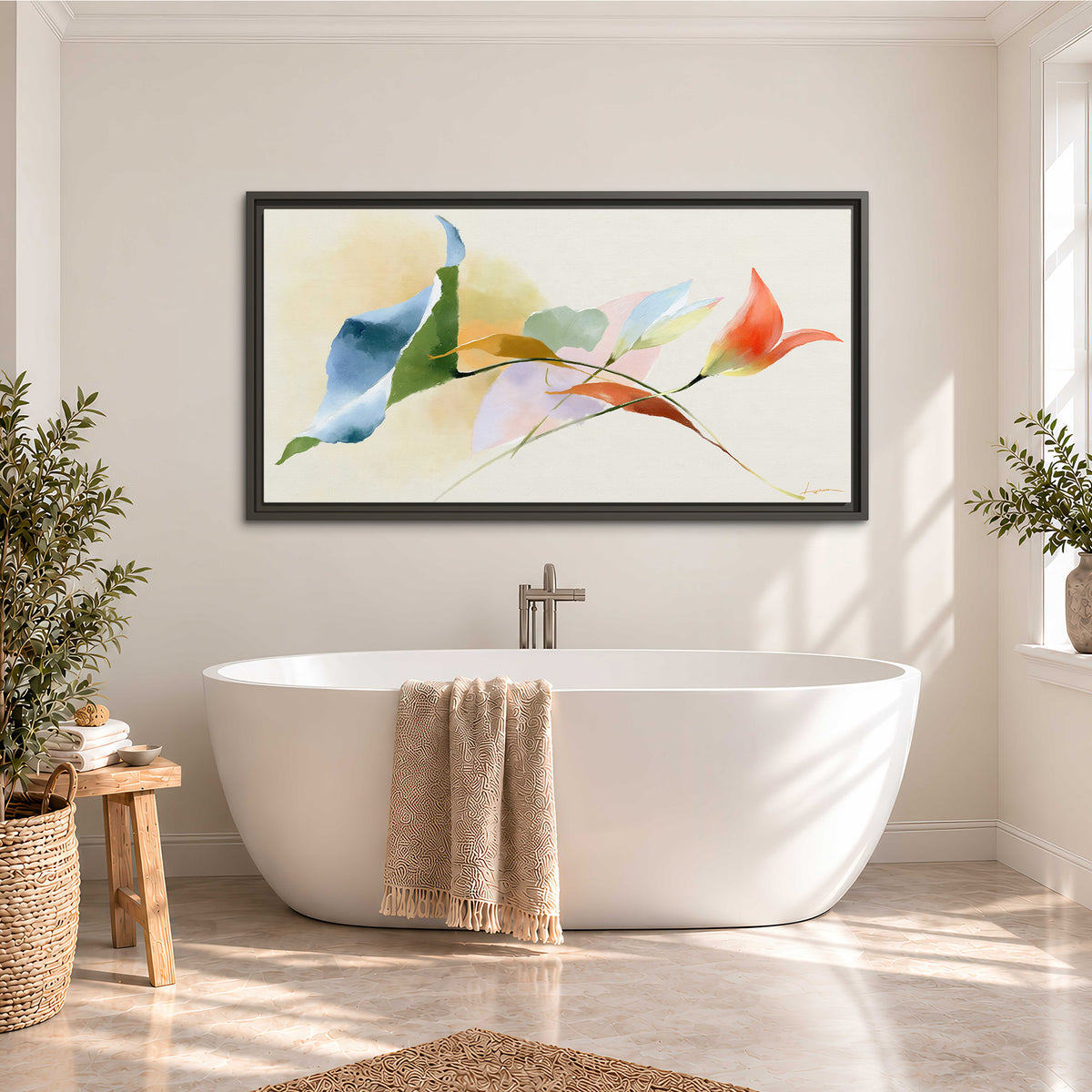Airy green, orange and blue organic shapes floating across a white background single framed canvas wall art styled in an interior