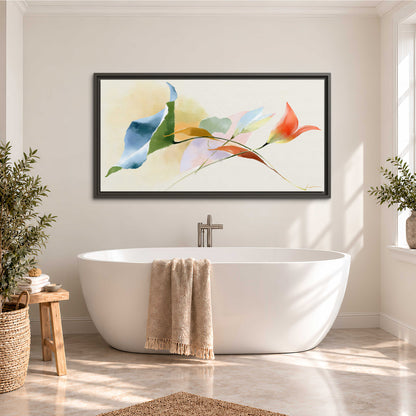 Airy green, orange and blue organic shapes floating across a white background single framed canvas wall art styled in an interior