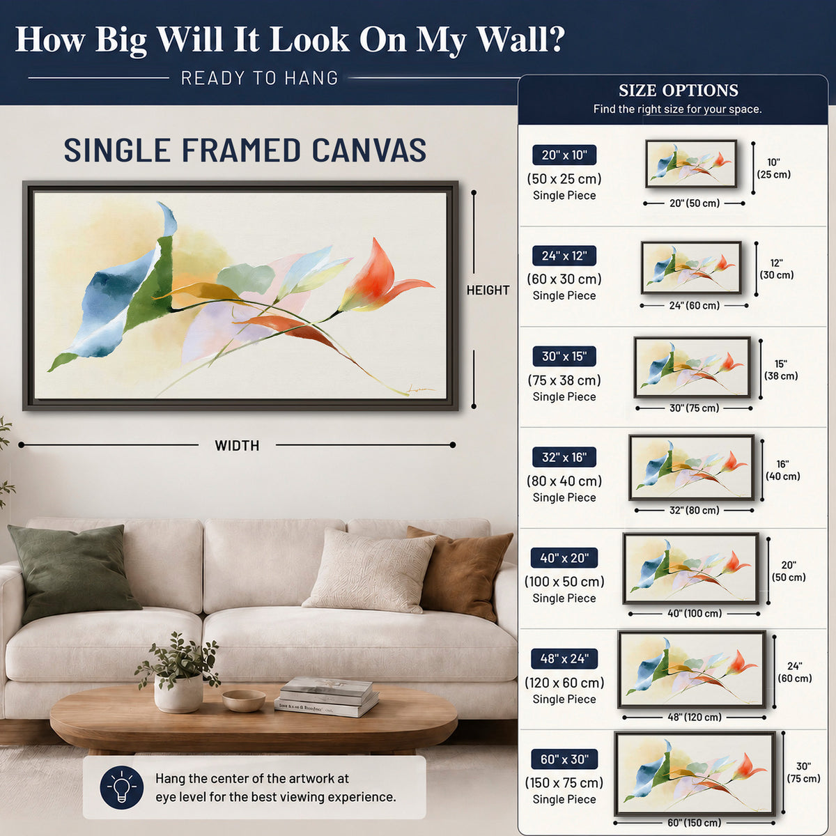 Airy green, orange and blue organic shapes floating across a white background single framed canvas wall art size guide above a sofa; room view is illustrative