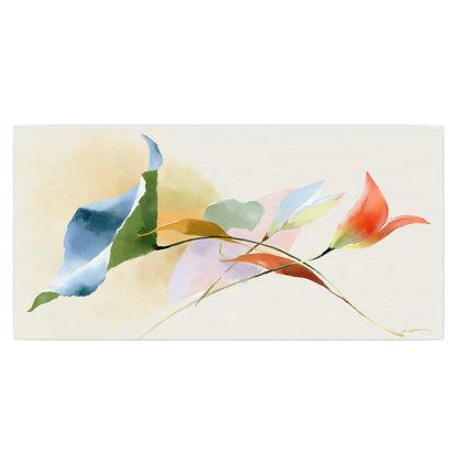 Airy green, orange and blue organic shapes floating across a white background single poster print viewed straight on