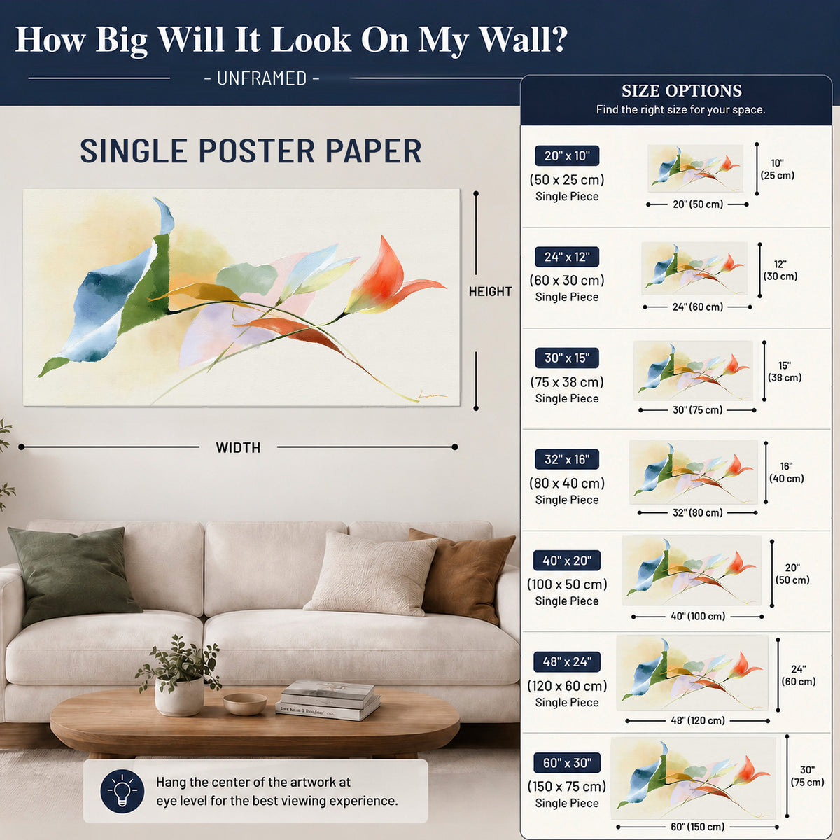 Airy green, orange and blue organic shapes floating across a white background single poster print size guide above a sofa; room view is illustrative