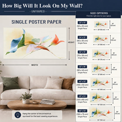 Airy green, orange and blue organic shapes floating across a white background single poster print size guide above a sofa; room view is illustrative