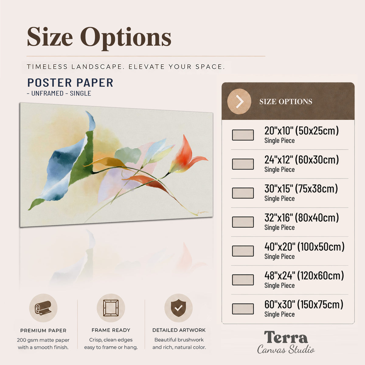 Airy green, orange and blue organic shapes floating across a white background single poster print available dimensions