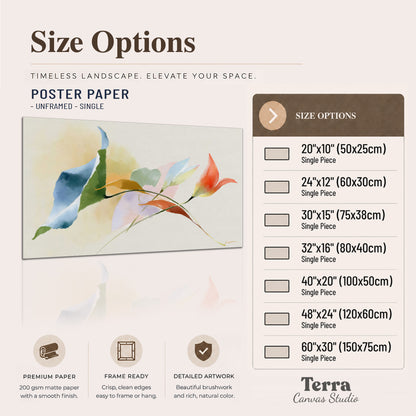 Airy green, orange and blue organic shapes floating across a white background single poster print available dimensions