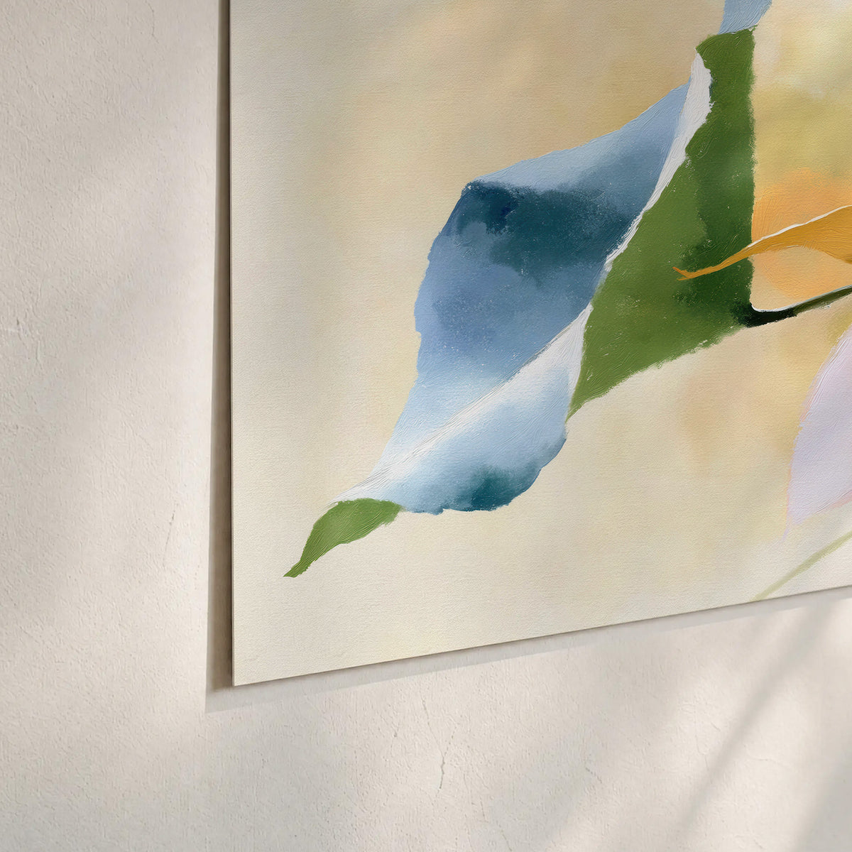Airy green, orange and blue organic shapes floating across a white background set of 3 poster prints material and edge close up