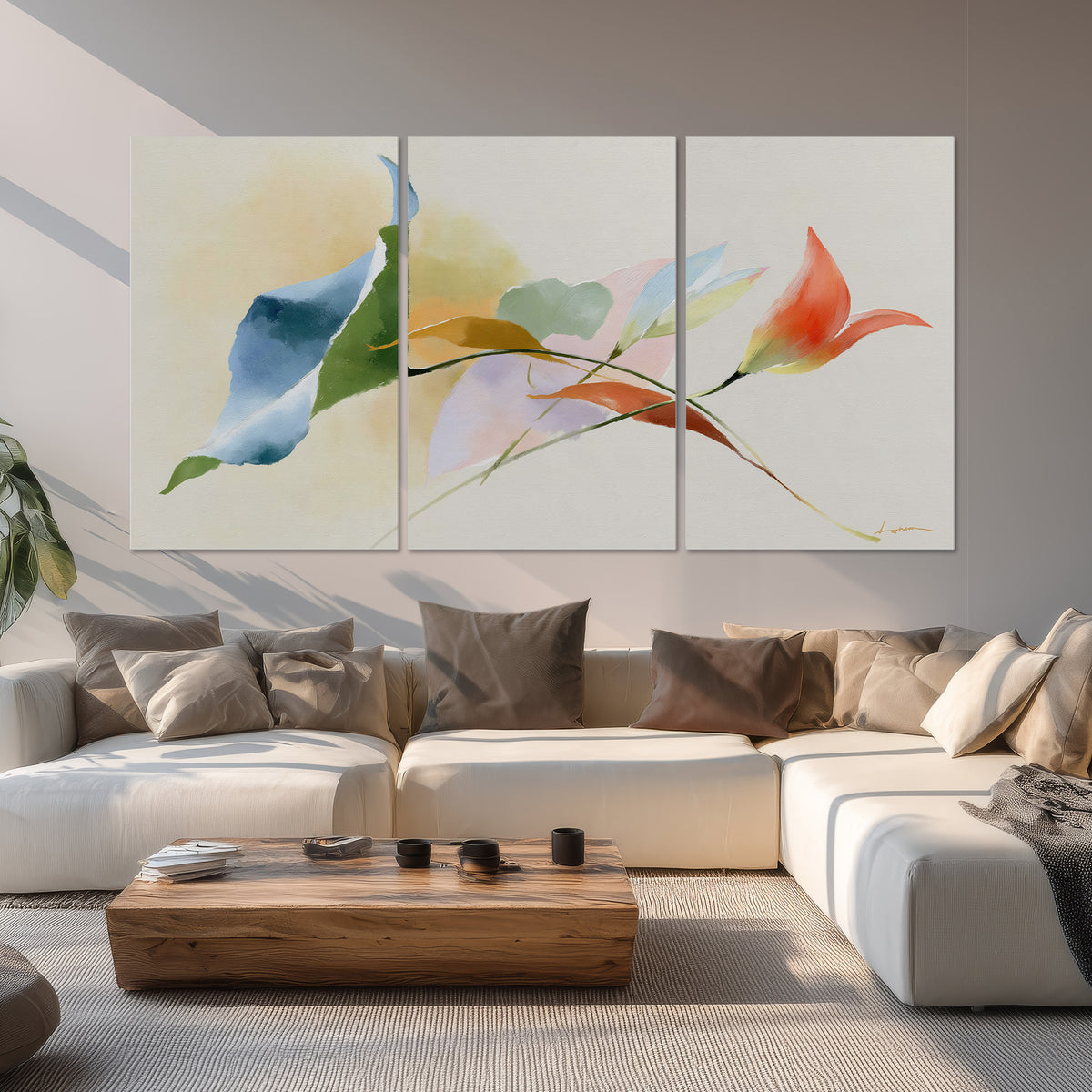 Airy green, orange and blue organic shapes floating across a white background set of 3 poster prints displayed in a living room