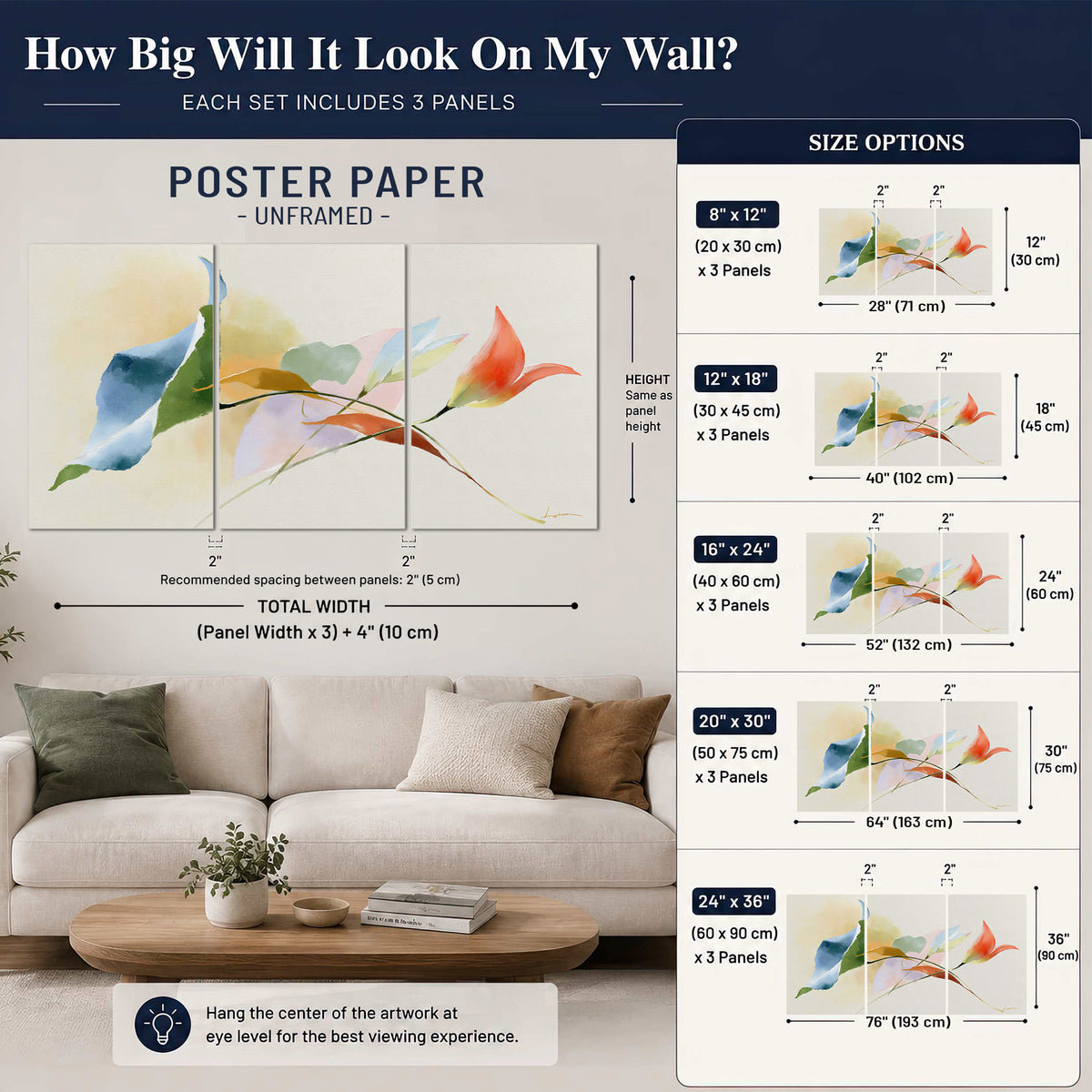 Airy green, orange and blue organic shapes floating across a white background set of 3 poster prints size guide above a sofa; room view is illustrative