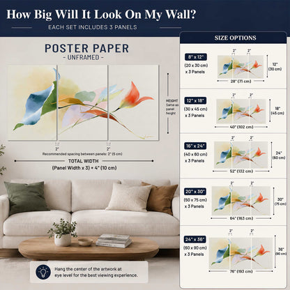 Airy green, orange and blue organic shapes floating across a white background set of 3 poster prints size guide above a sofa; room view is illustrative