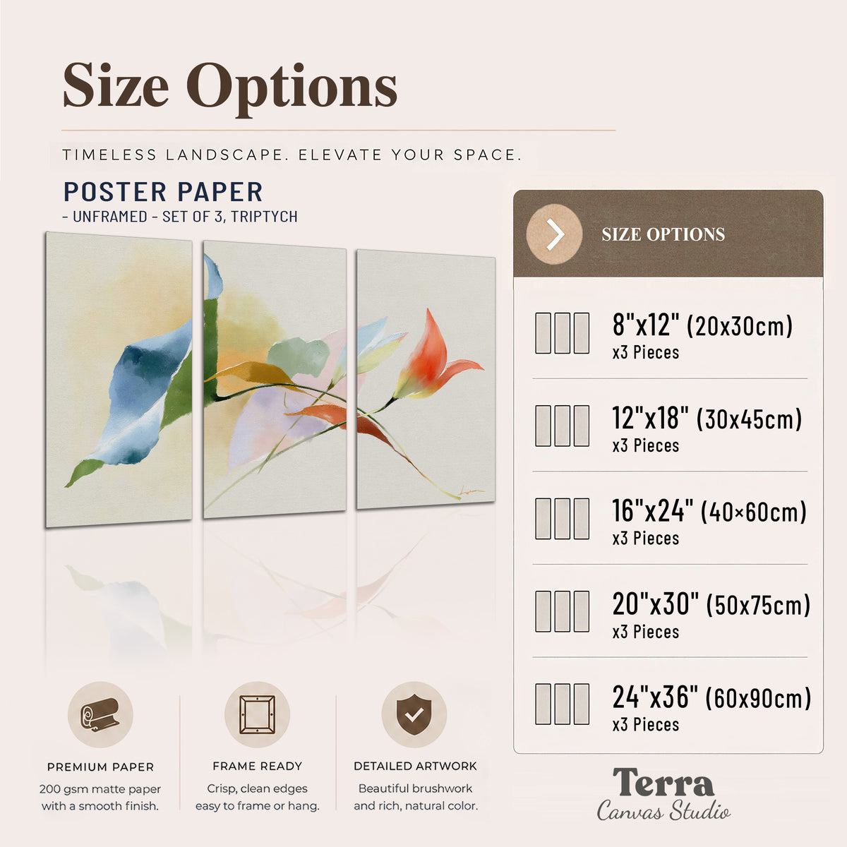 Airy green, orange and blue organic shapes floating across a white background set of 3 poster prints available dimensions; triptych dimensions are per panel