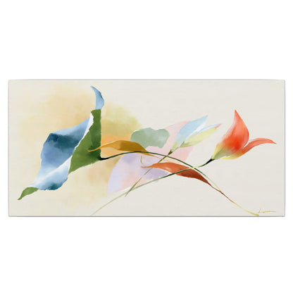 Airy green, orange and blue organic shapes floating across a white background single canvas wall art viewed straight on
