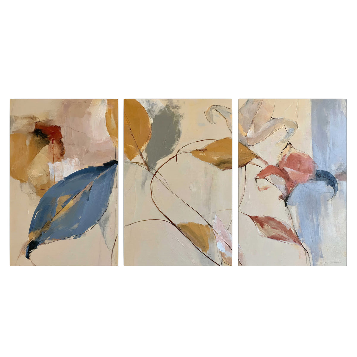 Loose ochre, blue and pink leaves arranged on a pale layered background 3 piece canvas wall art viewed straight on