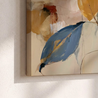 Loose ochre, blue and pink leaves arranged on a pale layered background 3 piece canvas wall art material and edge close up
