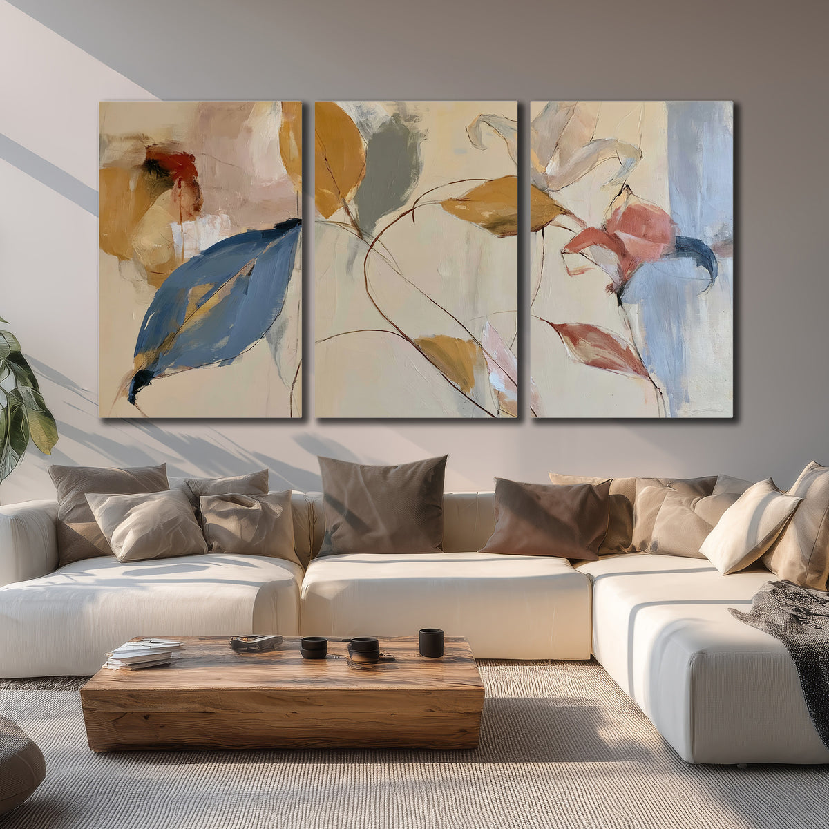 Loose ochre, blue and pink leaves arranged on a pale layered background 3 piece canvas wall art displayed in a living room