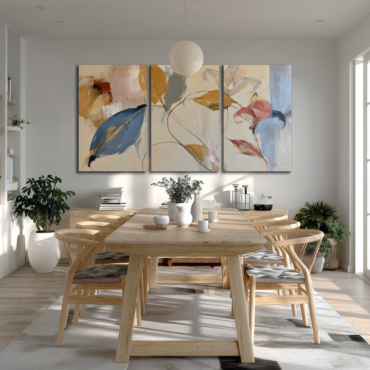Loose ochre, blue and pink leaves arranged on a pale layered background 3 piece canvas wall art room and product view