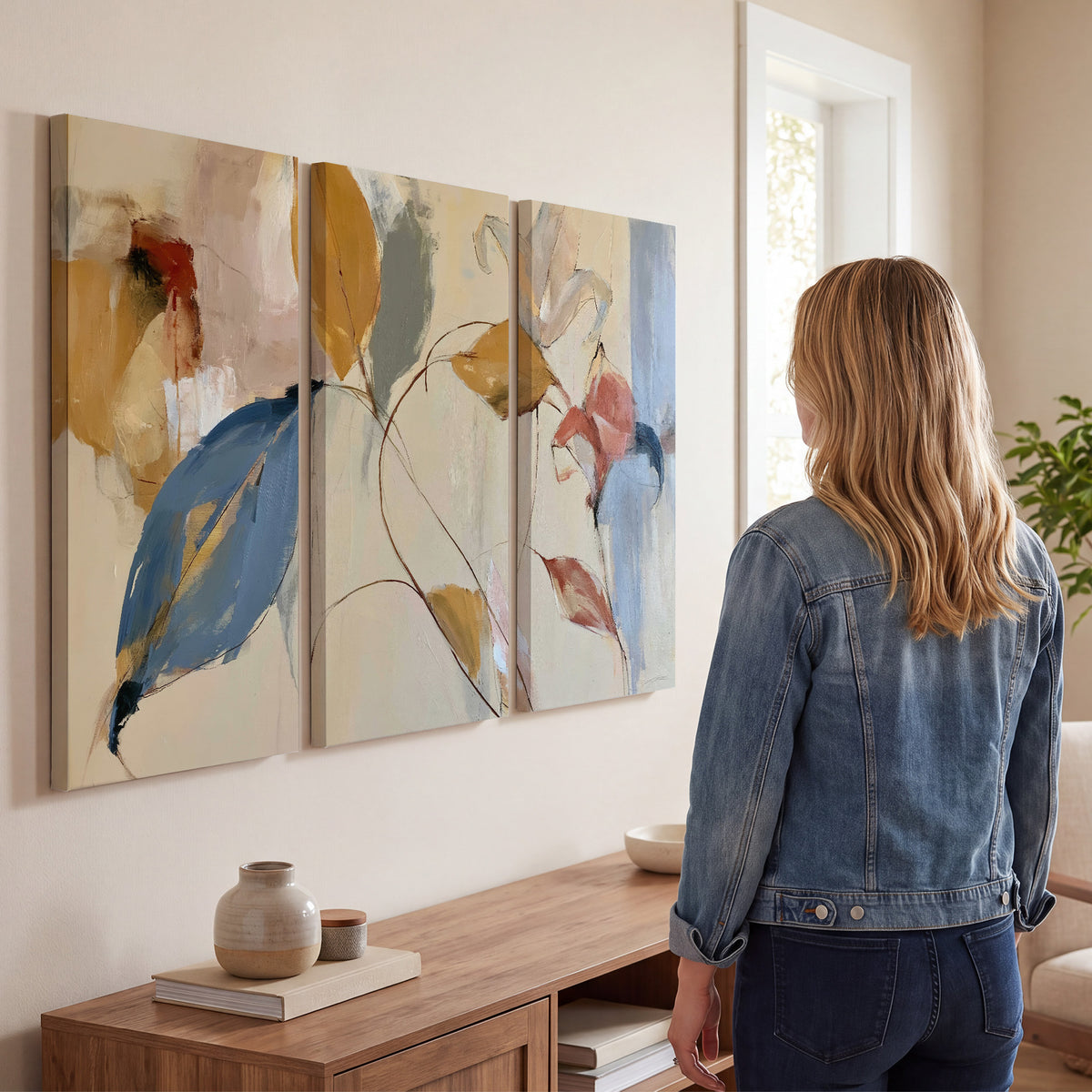 Loose ochre, blue and pink leaves arranged on a pale layered background 3 piece canvas wall art three panel arrangement on a wall