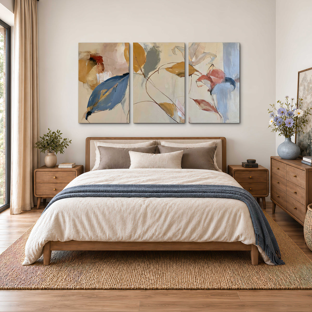 Loose ochre, blue and pink leaves arranged on a pale layered background 3 piece canvas wall art styled in an interior