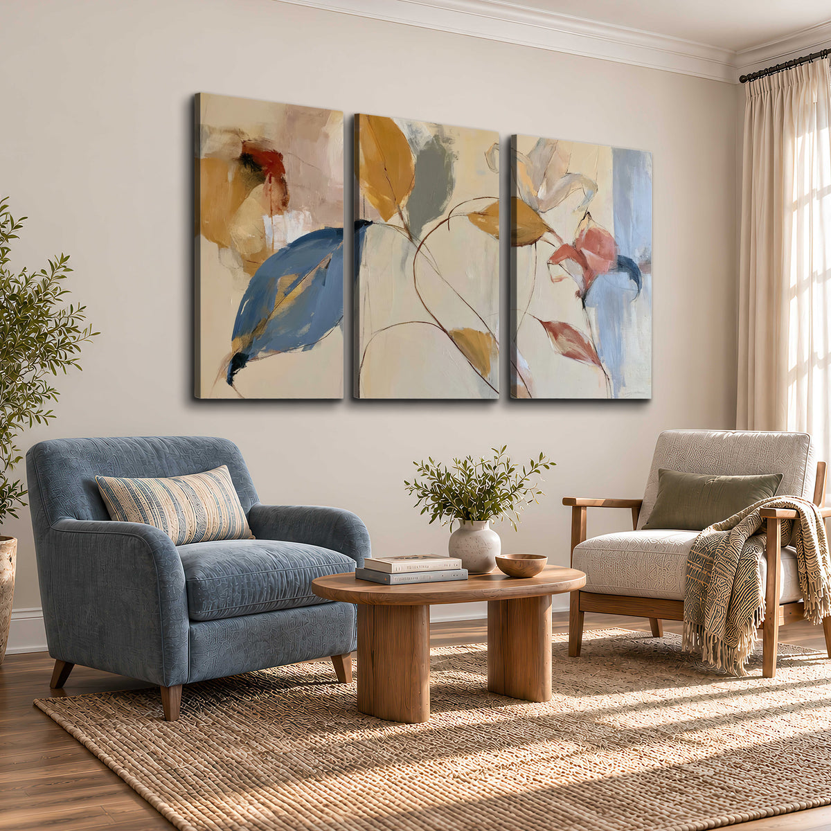 Loose ochre, blue and pink leaves arranged on a pale layered background 3 piece canvas wall art styled in an interior