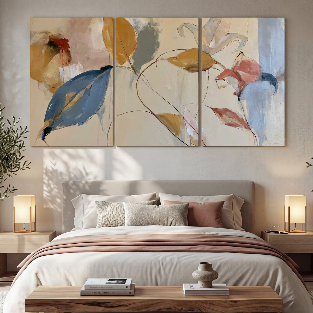 Loose ochre, blue and pink leaves arranged on a pale layered background 3 piece canvas wall art displayed in a bedroom