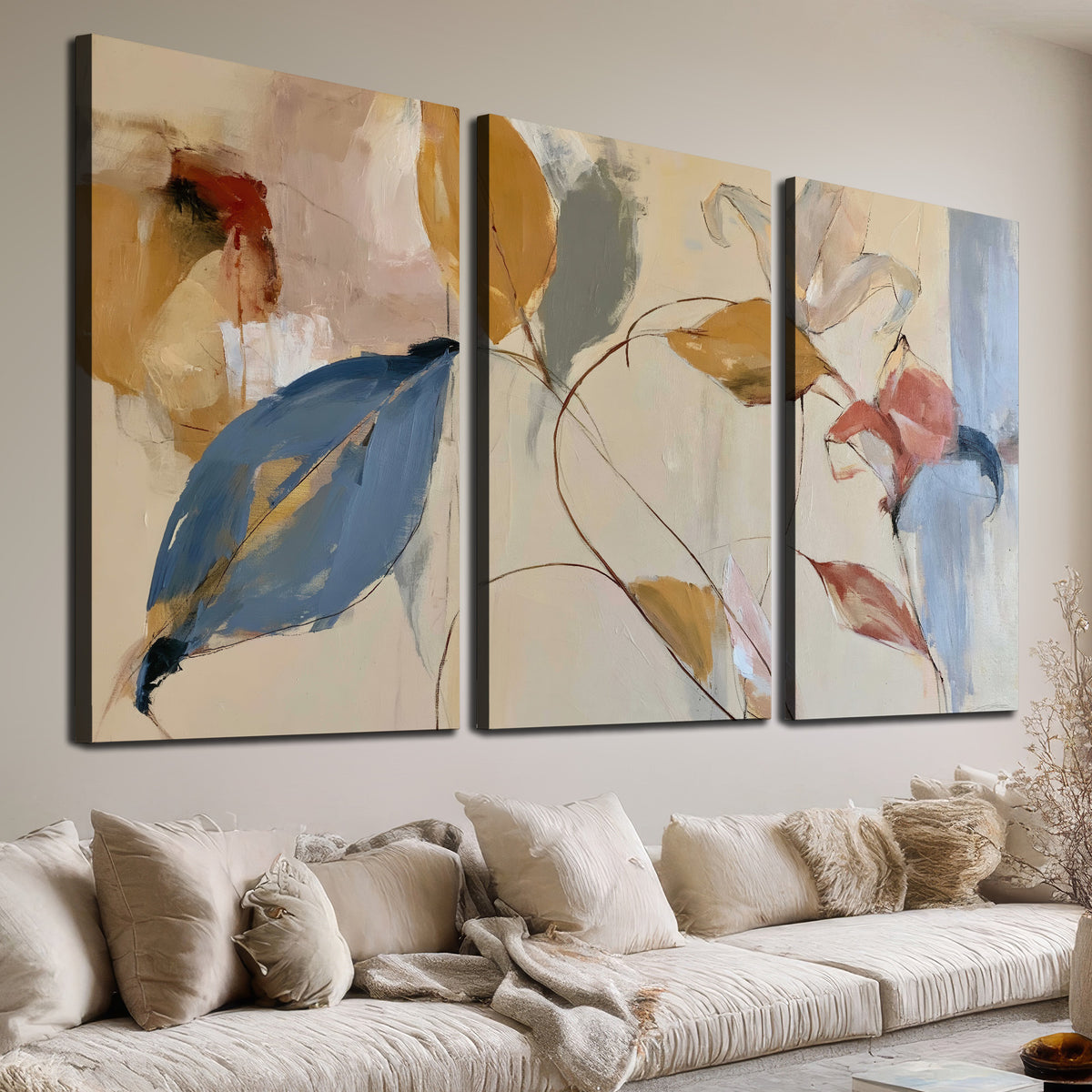 Loose ochre, blue and pink leaves arranged on a pale layered background 3 piece canvas wall art room and product view