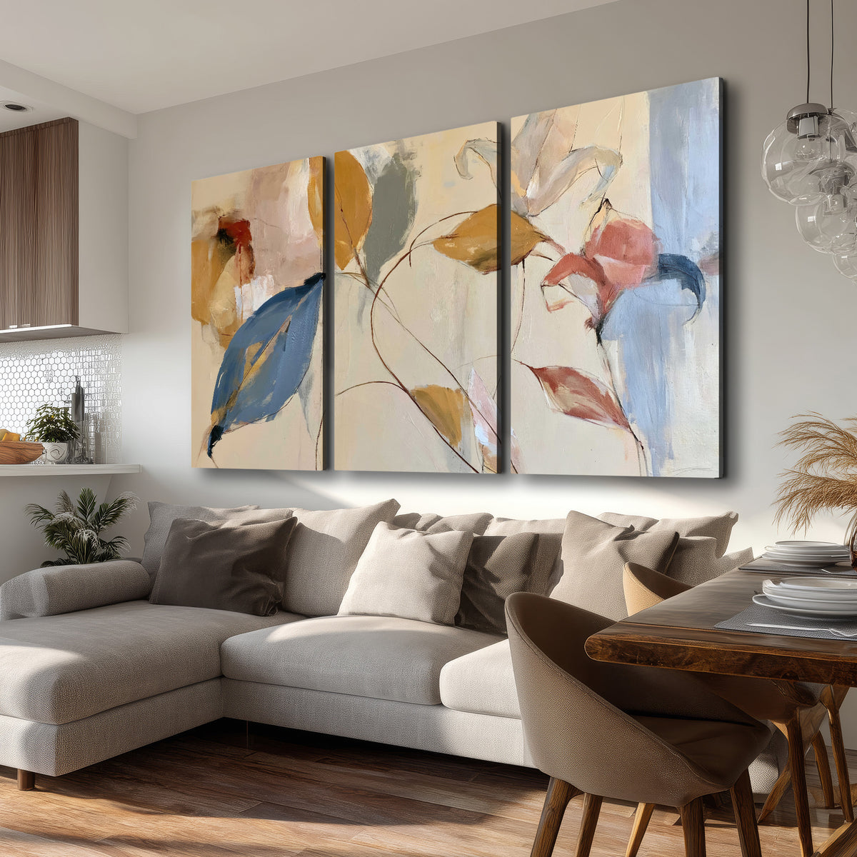 Loose ochre, blue and pink leaves arranged on a pale layered background 3 piece canvas wall art room and product view