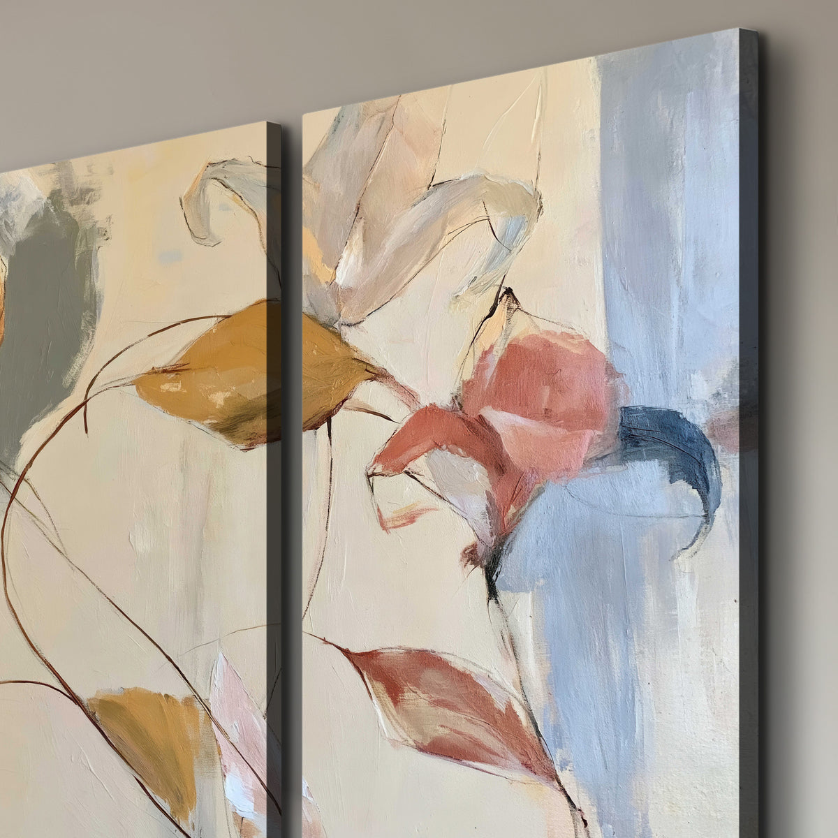 Loose ochre, blue and pink leaves arranged on a pale layered background 3 piece canvas wall art room and product view