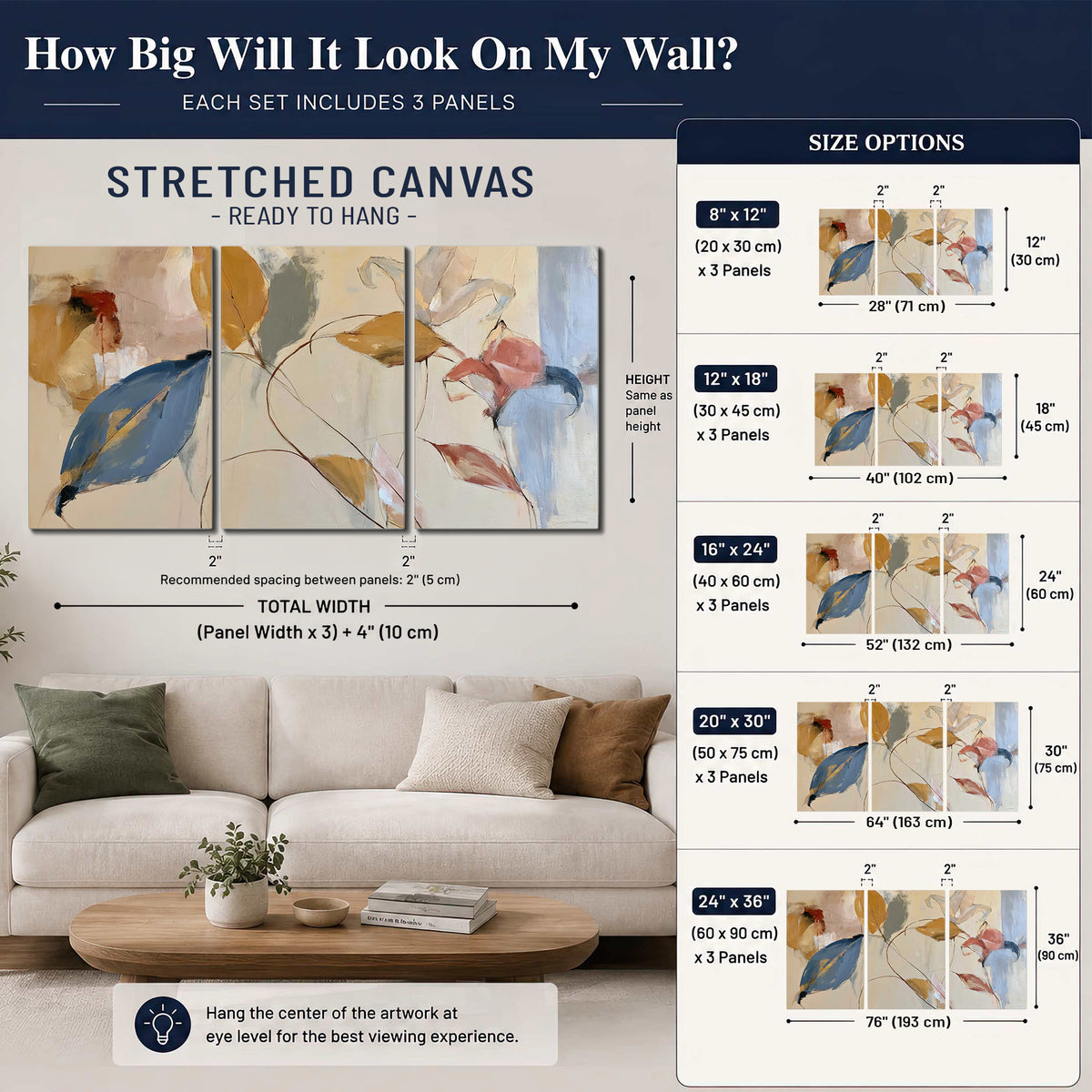 Loose ochre, blue and pink leaves arranged on a pale layered background 3 piece canvas wall art size guide above a sofa; room view is illustrative