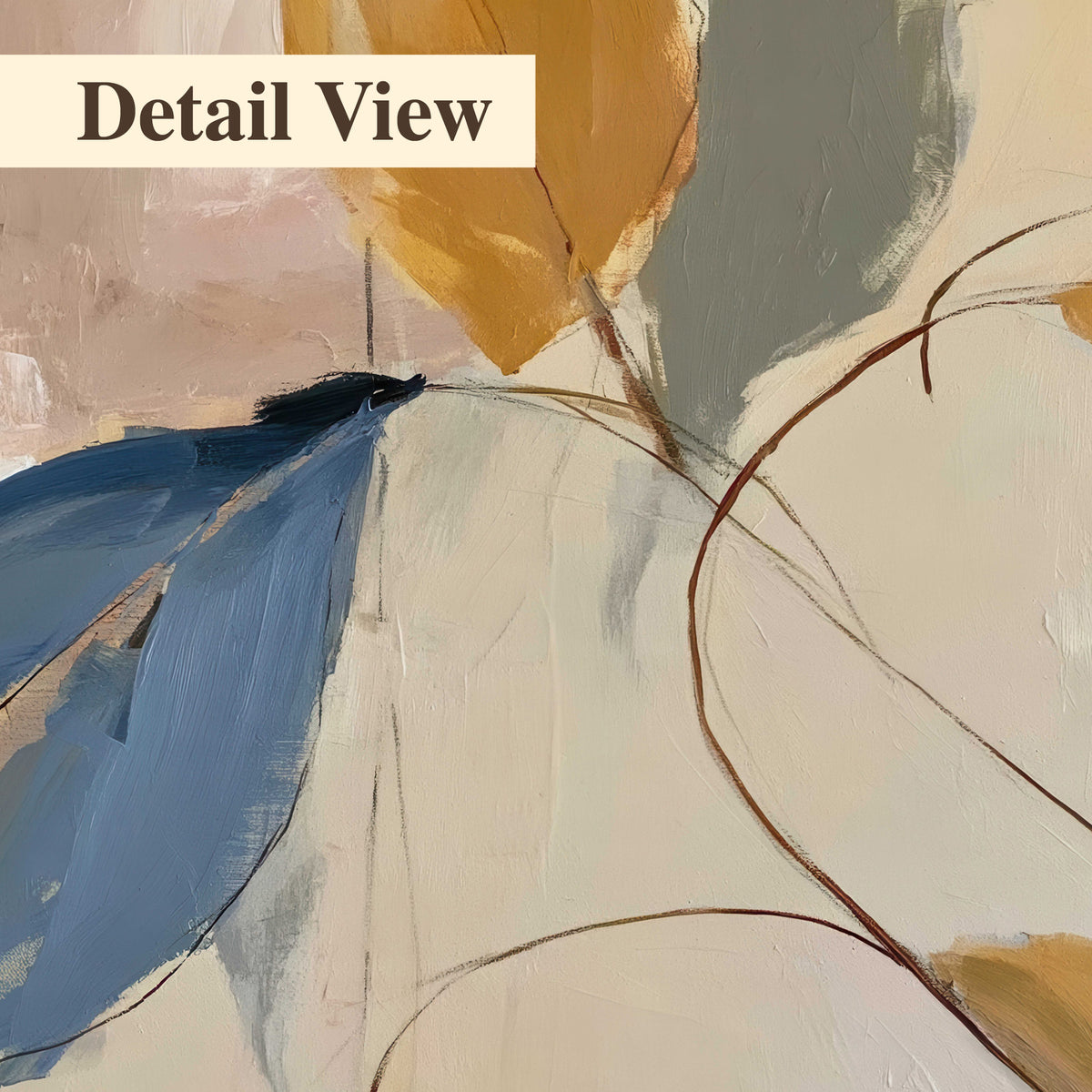 Loose ochre, blue and pink leaves arranged on a pale layered background 3 piece canvas wall art artwork detail close up