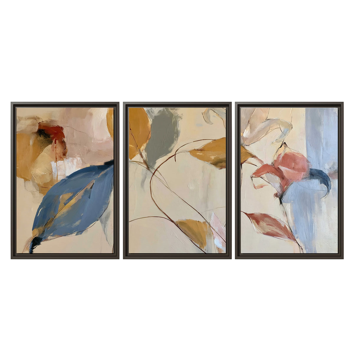 Loose ochre, blue and pink leaves arranged on a pale layered background 3 piece framed canvas wall art viewed straight on