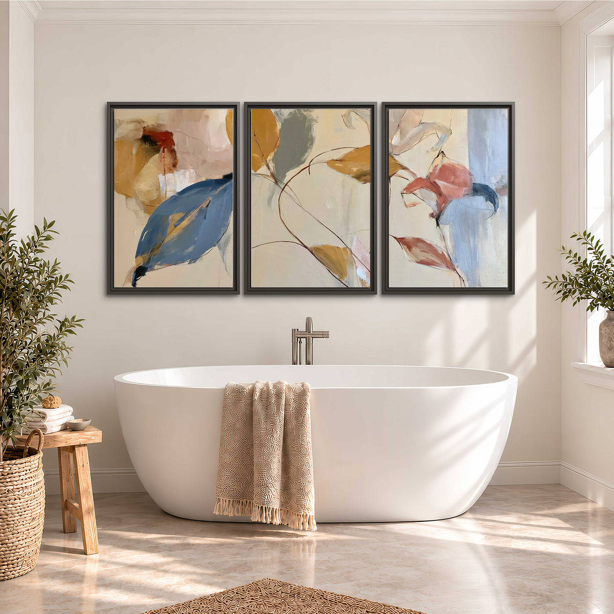 Loose ochre, blue and pink leaves arranged on a pale layered background 3 piece framed canvas wall art styled in an interior