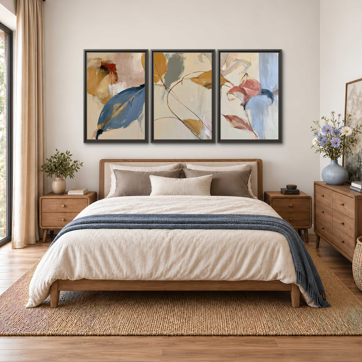 Loose ochre, blue and pink leaves arranged on a pale layered background 3 piece framed canvas wall art styled in an interior