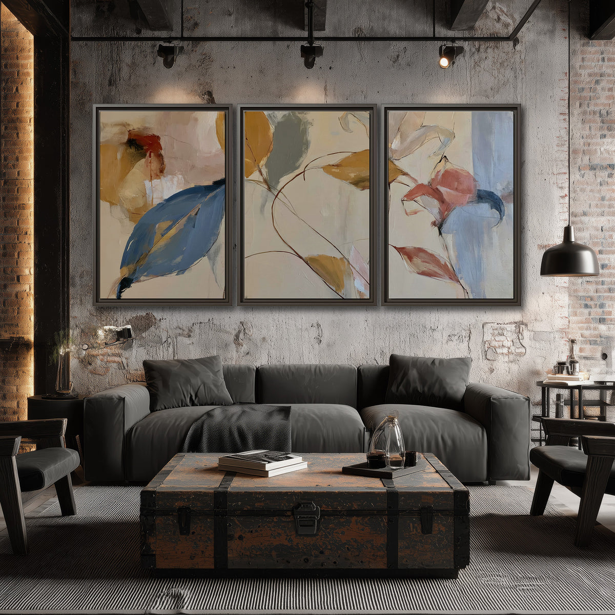 Loose ochre, blue and pink leaves arranged on a pale layered background 3 piece framed canvas wall art displayed in a industrial room