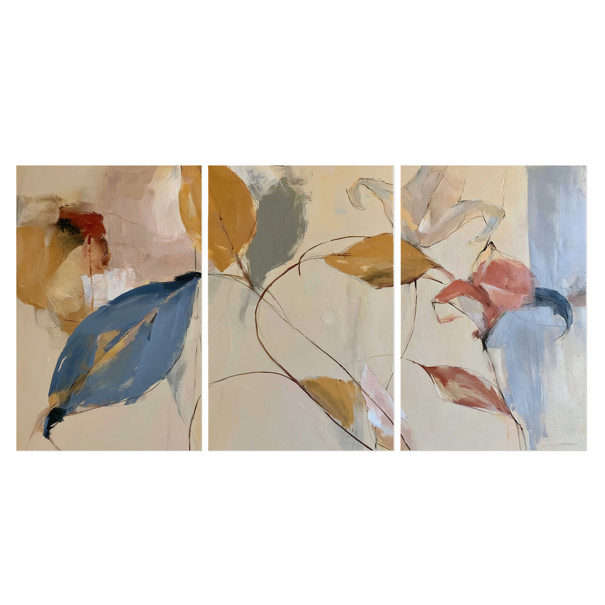 Loose ochre, blue and pink leaves arranged on a pale layered background set of 3 poster prints viewed straight on