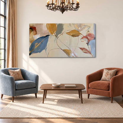 Loose ochre, blue and pink leaves arranged on a pale layered background single canvas wall art styled in an interior