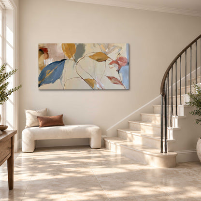 Loose ochre, blue and pink leaves arranged on a pale layered background single canvas wall art styled in an interior