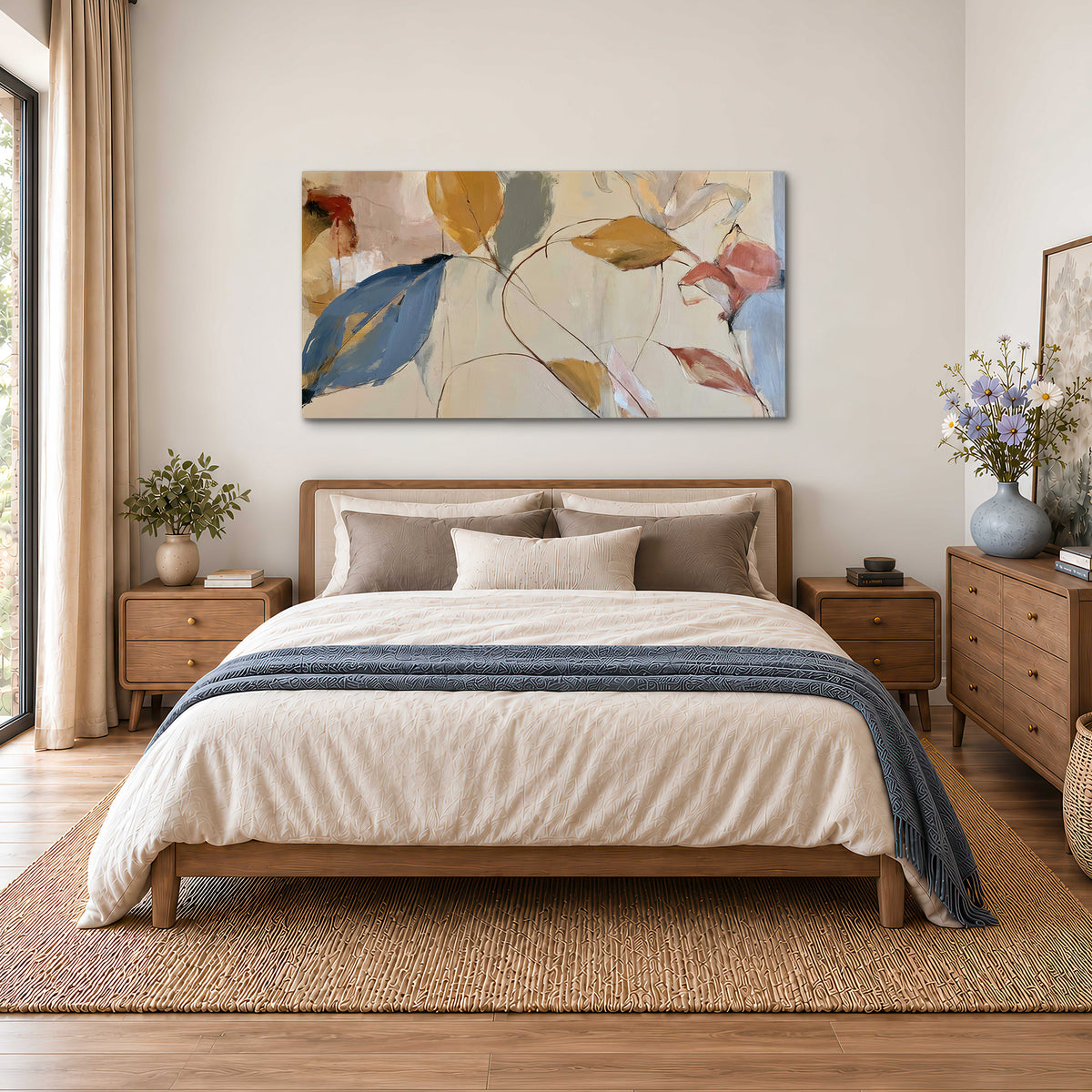 Loose ochre, blue and pink leaves arranged on a pale layered background single canvas wall art styled in an interior
